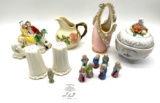 Vintage ceramic figurines, salt and pepper, creamer, covered dish, Japan and Germany