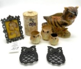 Vintage Lefton owl, tea container, picture and owls