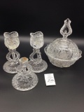 Vintage crystal glassware, covered candy dish, candle holders