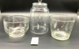 Vintage etched glassware, bowl, lidded jar, ice bucket