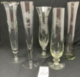 5 vintage etched glass vases