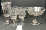 Vintage etched stemmed glassware, vase, fruit bowl