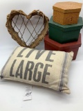 Country decor, pillow, boxes, grapevine heart