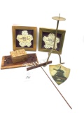 Assorted home decor, wood box, framed hand stitched doilies