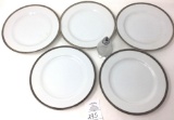 5 - 8 in. plates with silver rims Sheffield Japan and glass salt shaker