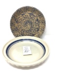 Vintage Roseville sponge ware pie plate and Roseville with blue ring pie plate