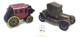 Vintage metal Wells Fargo stage coach and model T banks