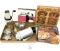 Antique kitchen items cake pan, rosette iron, metal molds, glass jar grinder, toast glasses