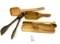 Antique wooden measuring spoons and cup, wooden tongs and spoon