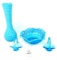 Antique Fenton blue, scalloped edge bowl, miniature baskets and blue milk glass vase