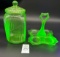 Vintage green depression uranium glass jar and server