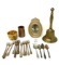 Antique relish forks, dinner bell, Bulova clock and crock ware