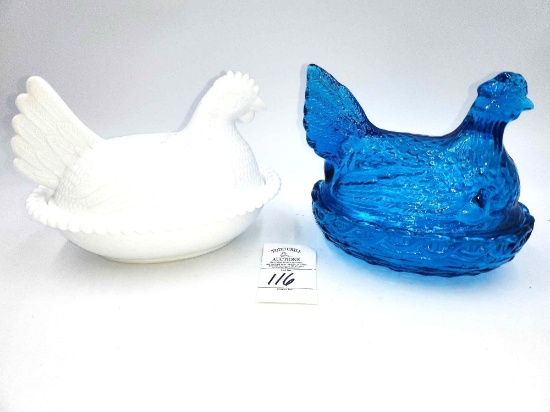 Two vintage glass hen on nests