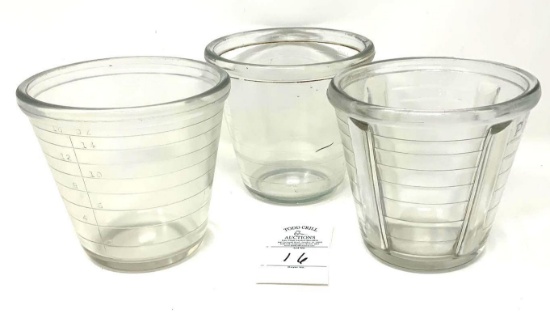 Three antique clear glass 2 cup beater jars