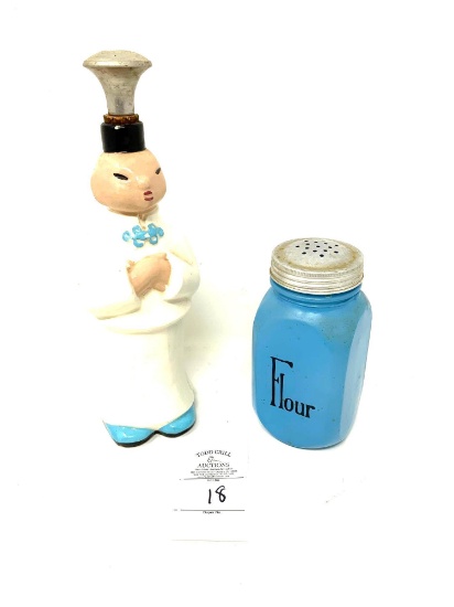 Vintage Asian shaker and blue flour shaker