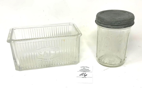 Antique glass salt dish and ball jar with lid