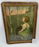 Antique painting of small girl and bird