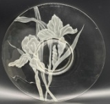 Crystal glass plate with Iris flowers - signed