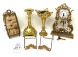 Antique gold tone miniature pendulum clock, glides brass beveled glass jewelry box