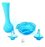 Antique Fenton blue, scalloped edge bowl, miniature baskets and blue milk glass vase