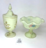 Antique Fenton footed bowl and candy dish with lid, hand painted custard glass