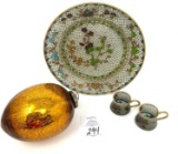 Antique Plique-a-jour plate with two cups and amber crackle glass egg ornament