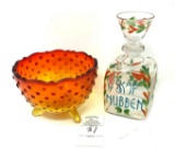 Vintage Amberina hobnail red yellow footed 5 in dish and hand painted decanter