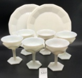 Two vintage white 12 in Dover ironstone serving plates and six milk glass sherbets