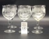 Six vintage etched wine glasses