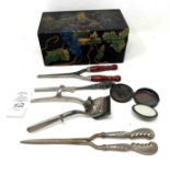 Antique decorated box curling irons and trimmers