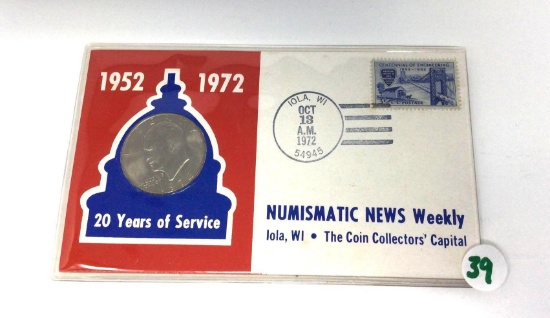 1972 Eisenhower Silver Dollar, Iola Wisconsin postmark, Centennial of Engineering stamp