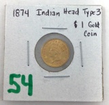 1874 Indian Head Type 3 $1 Gold Coin
