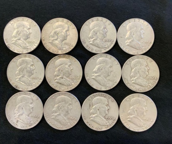 12 - Franklin Half Dollars Assorted Years