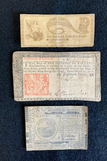 $6 Continental Currency, New Jerfey Credit Note, Boston $2 Certificate