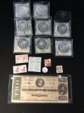 8 - Life of JFK Coins, 2 -Confederate Bills and Stamps