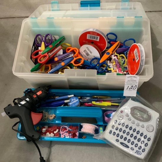 Decorating scissors glue gun LabelMaker and ribbon