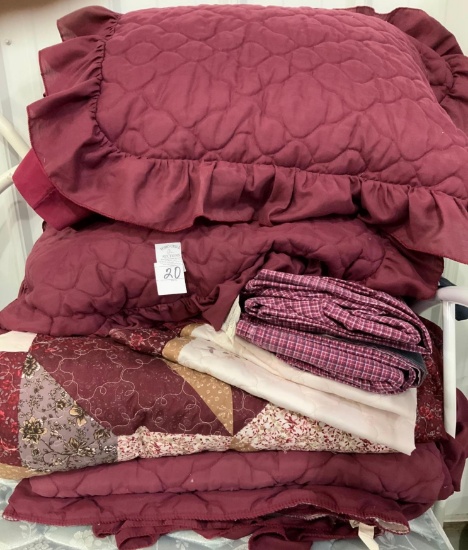 Two Full burgundy comforters, pillows and sheets
