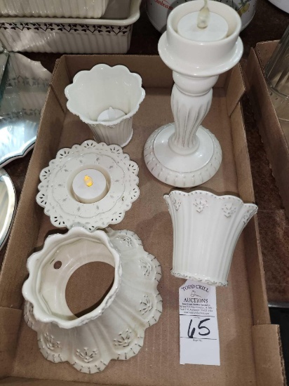5 Yankee Candle Co. Porcelain Items/ 2 White Beveled Glass Shelves
