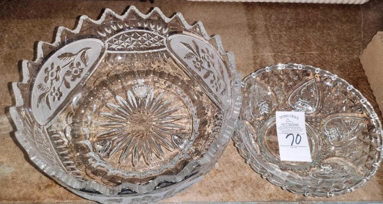 2 Pressed Glass Bowls (One Etched One Footed)
