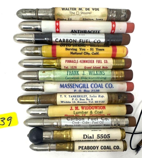 12 - VINTAGE ADVERTISING COAL AND BLACKSMITH BULLET PENCILS