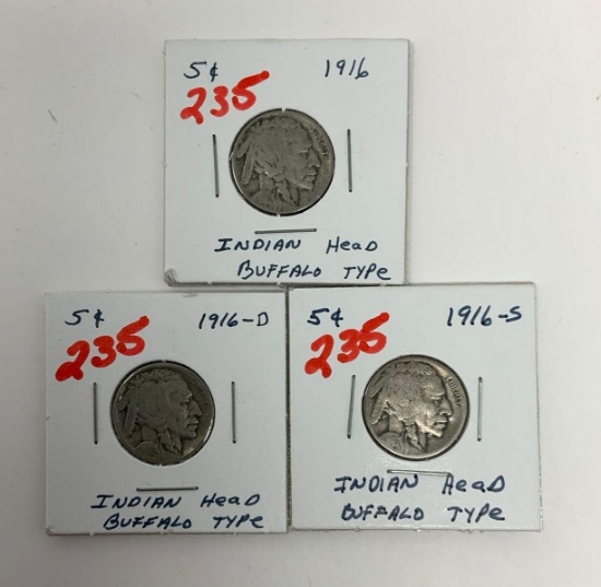 3 - 1916 BUFFALO NICKELS