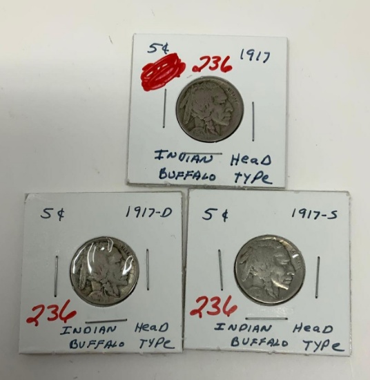 3 - 1917 BUFFALO NICKELS