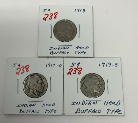 3 - 1919 BUFFALO NICKELS