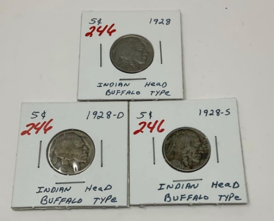 3 - 1928 BUFFALO NICKELS