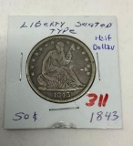 1843 LIBERTY SEATED HALF DOLLAR