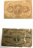 1863 THREE CENT FRACTIONAL NOTE AND FIVE CENT US POSTAGE CURRENCY