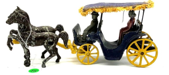 Stanley Toys Cast Metal Aluminum Horse Buggy Wagon Surrey Fringe Top w/ Driver and Rider