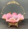 Vintage Pink Opalescent Hobnail Ruffled Brides Basket with Plated Stand