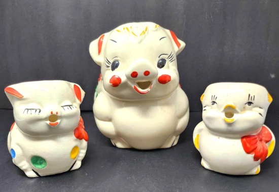 3 Vintage American Bisque Pottery Pitchers