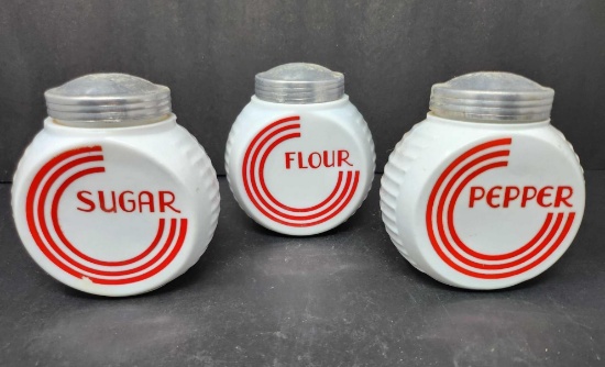 3 Pc Vintage FireKing Vitrock Red Circle Shaker Set